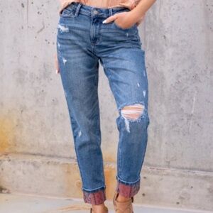 Judy Blue Jeans Paisley Cuff Boyfriend Fit Distressed Denim Boho Size 18W